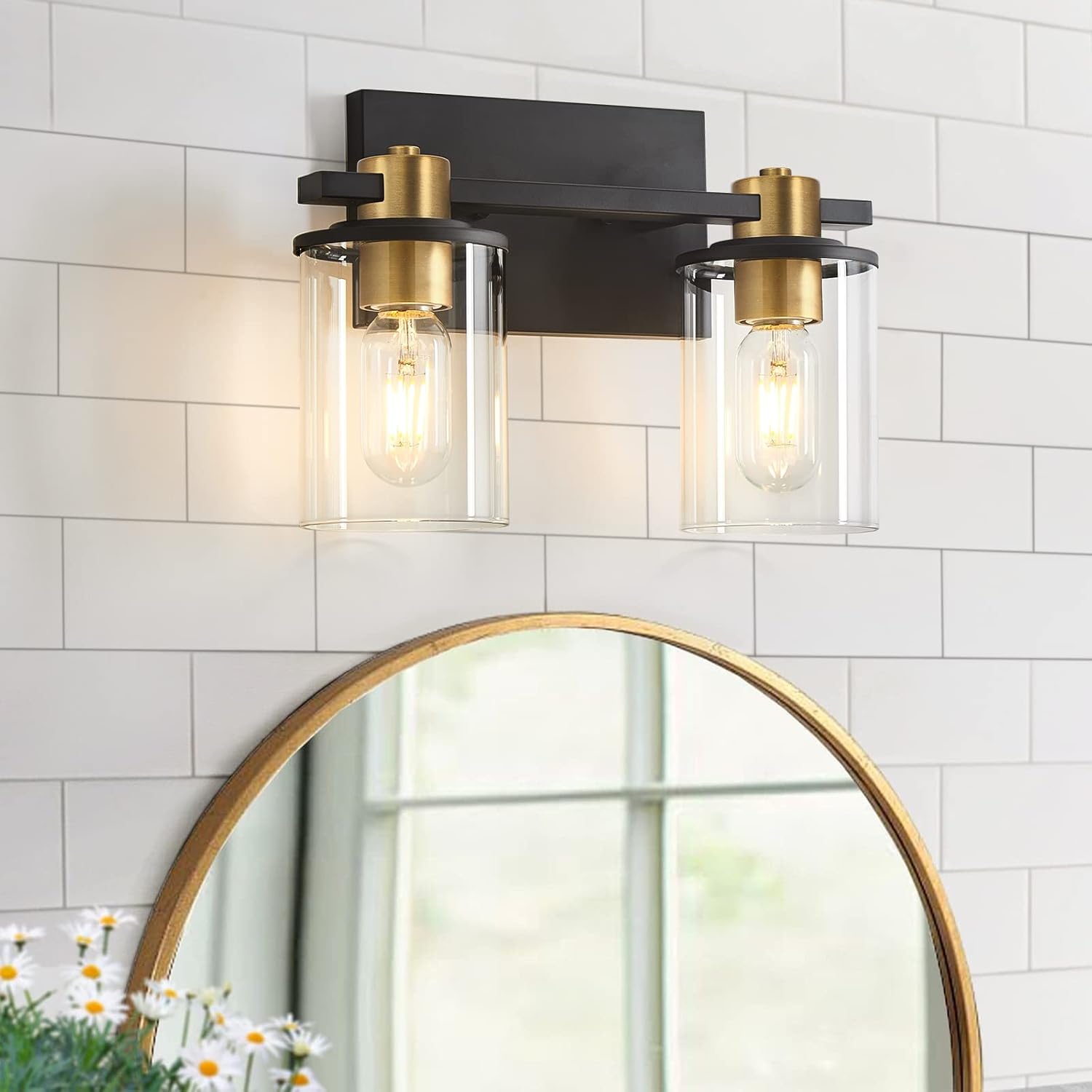 Atocif 2 Light Bathroom Vanity Light Fixtures, Black and Gold Vanity Light Above Mirror with Clear Glass Shade, Modern Wall Sconce Black with Bronze Vintage Black+Gold 2-Lights