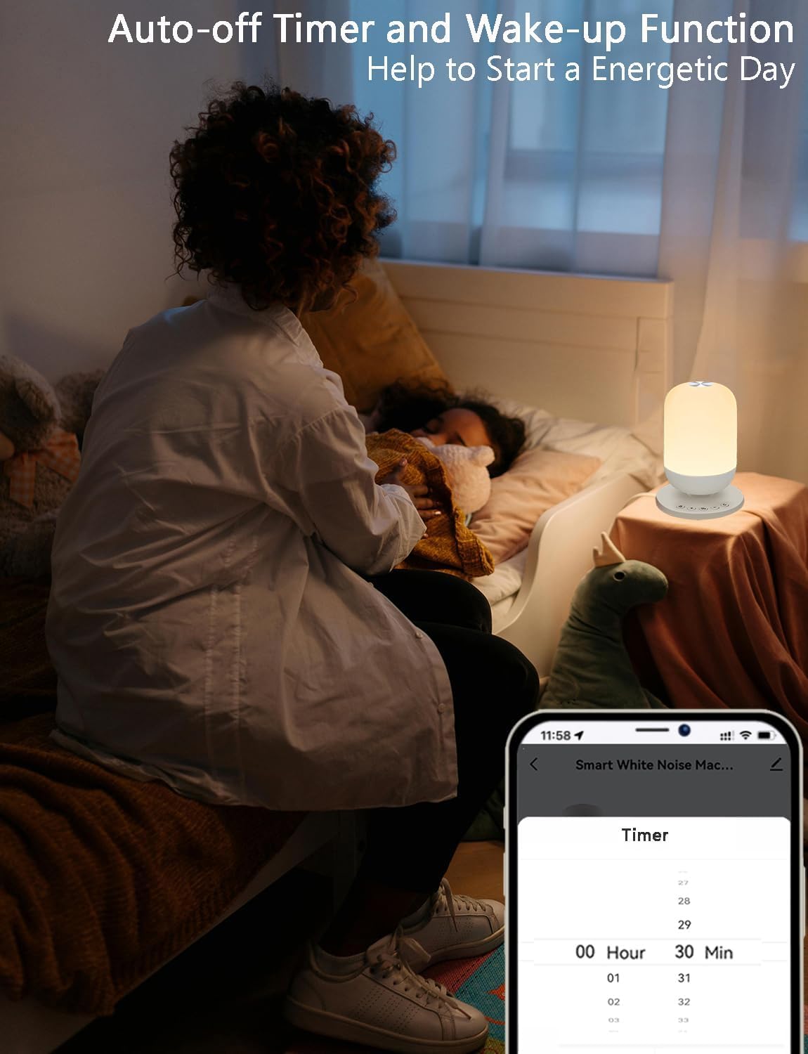 Intelligent Machine à bruit blanc pour sommeil de bébé et adulte avec 34 sons apaisants, Veilleuse douce pour l'alimentation, Réveil programmes et minuterie, Contrôle Tuya Smart APP