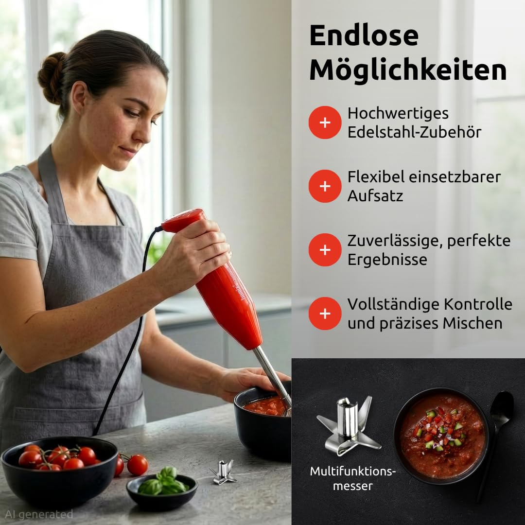 bamix Stabmixer Set M160 ONE inkl. Multifunktionsmesser aus Edelstahl, 160 Watt, 2-Stufen, Made in Switzerland, Rot