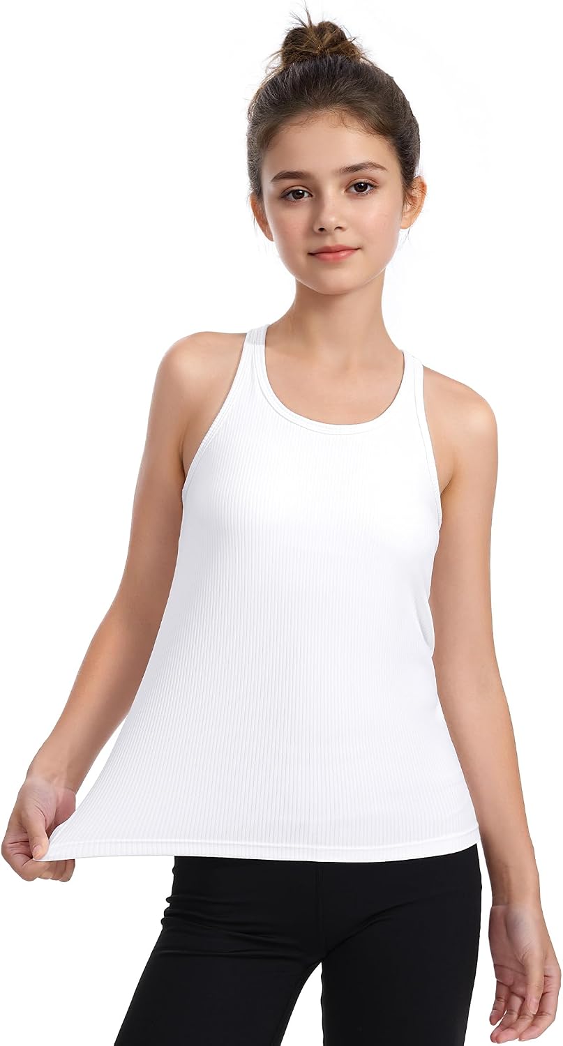 HASMES Girls Tank Tops with Built in Bra Ribbed Knit Sleeveless Racerback Athletic Shirts for Kids Dance Tops
