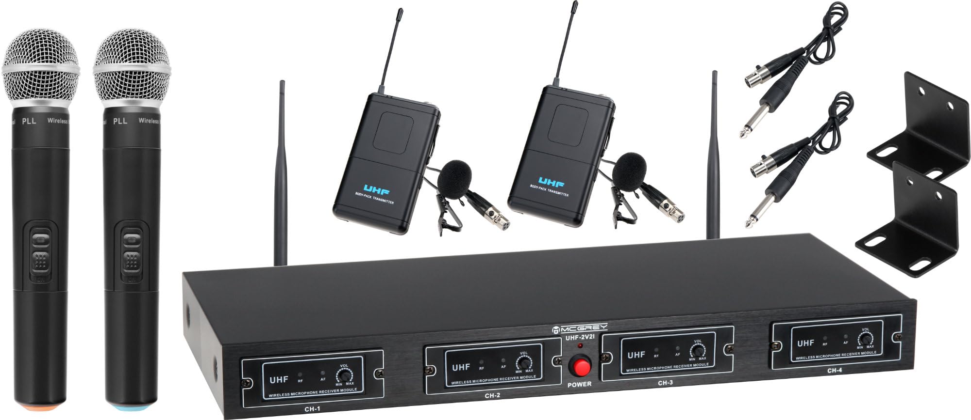 McGrey UHF-2V2I Quad Funk Mikrofon Set mit 50m Reichweite (Wireless Komplettset mit 2 x Handmikrofon, 2 x Lavaliermikrofon, 2 x Taschensender, Instrumentenfunk, 6,3mm Klinke Ausgang) schwarz