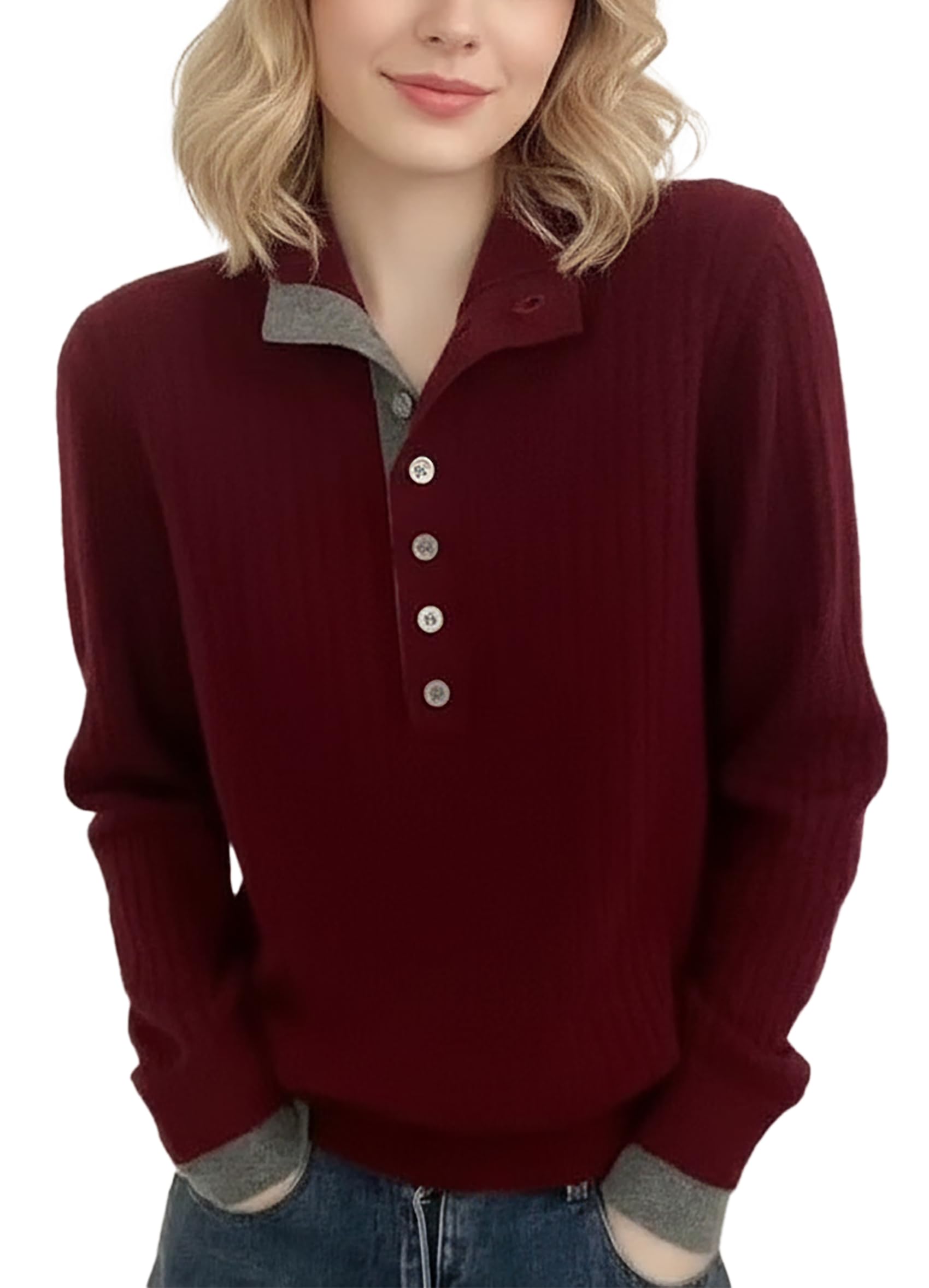 LAI MENG FIVE CATS Womens Lightweight Sweaters Henley Shirts Ribbed Knit Color Block Fall Winter Outfits