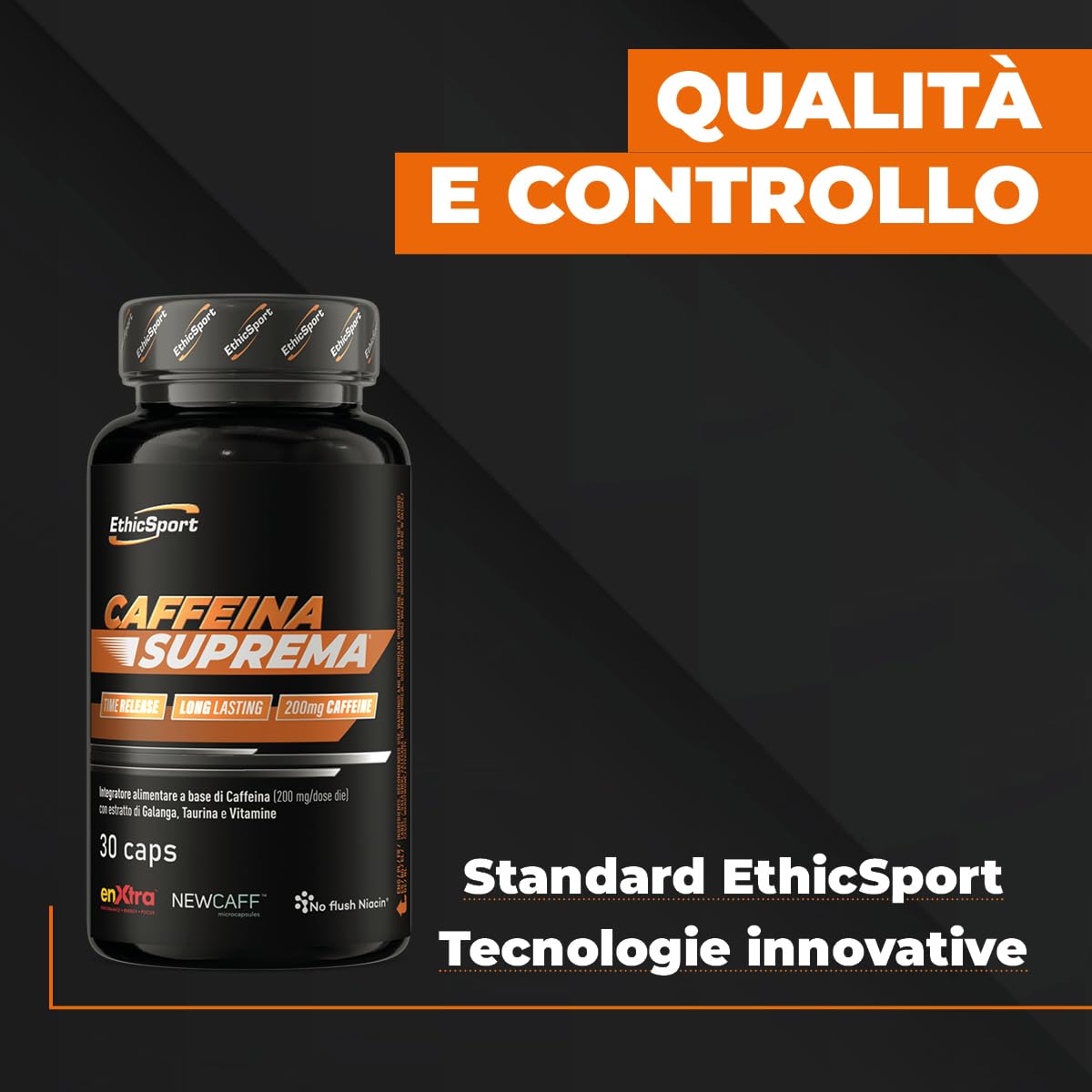 ETHICSPORT Caffeina Suprema 200 mg di Caffeina a rilascio modulato con NEWCAFF, EnXtra, Teanina e Taurina – utile per lucidità mentale e concentrazione – 30 capsule vegetali
