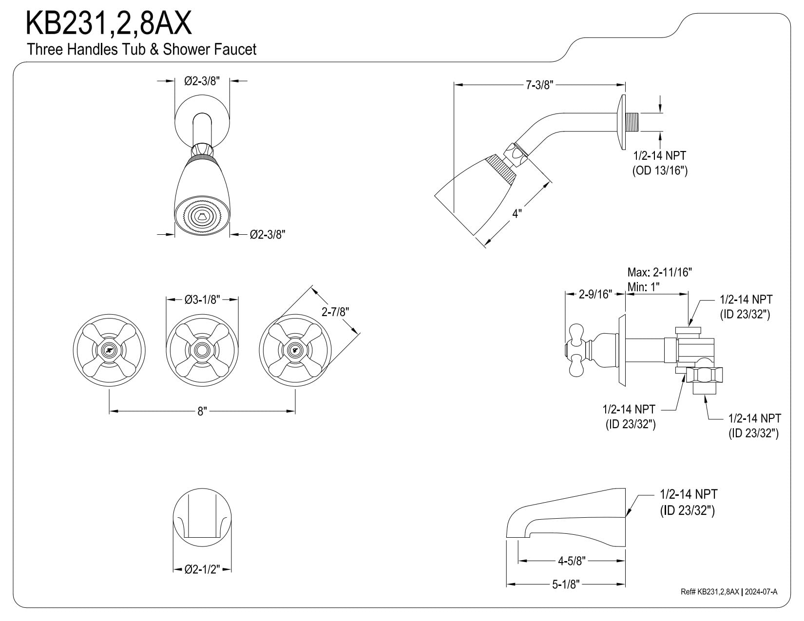 Kingston Brass KB232AX Tub and Shower Faucet with Three Cross