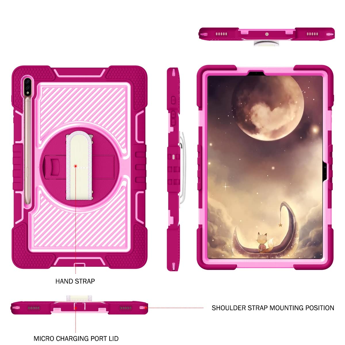 For Samsung Galaxy Tab S8 Plus 12.4 pulgada 2022 / S7 Fe . Pulgada 2021 y TAB 124 '' 2020 Tapa protectora duradera a prueba de golpes Duradera 360 grados Caja soporte giratorio la tableta(Rose Red+Pink)