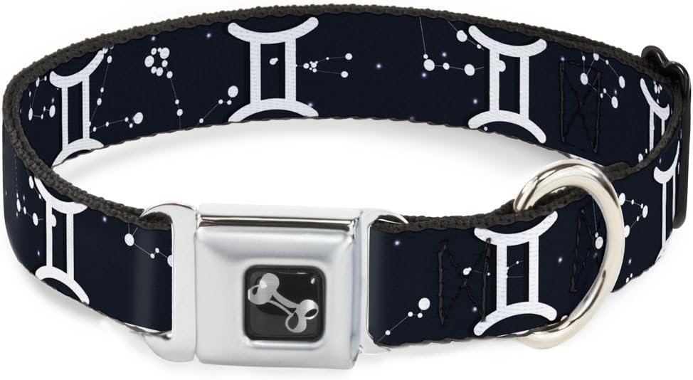 Dog Collar Seatbelt Buckle Zodiac Gemini Symbol Constellations Black White 11 to 17 Inches 1.0 Inch Wide