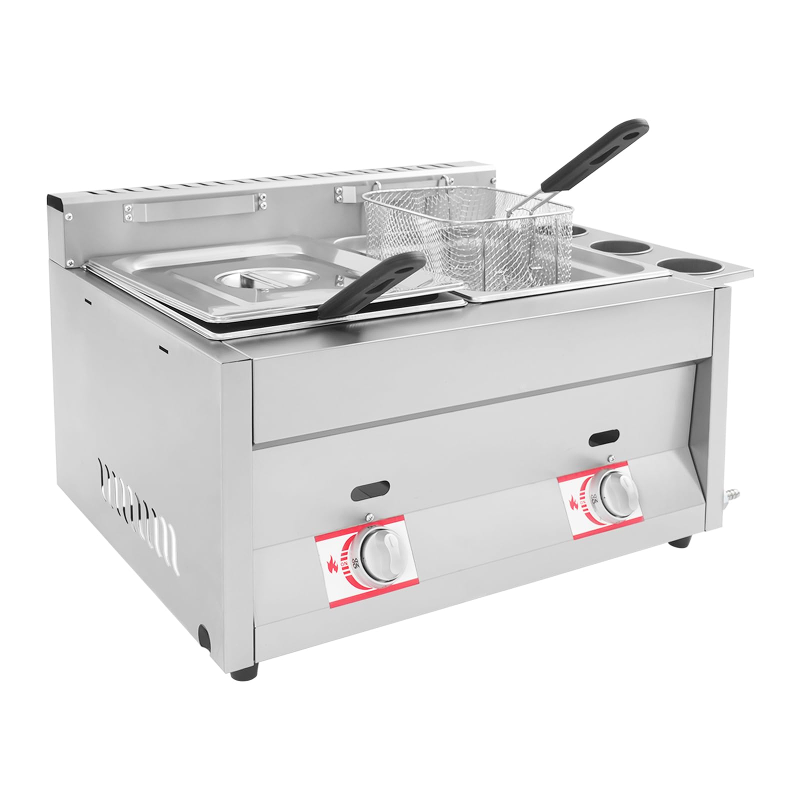 Friteuse à gaz commerciale, double réservoir 10 l + 10 l, en acier inoxydable, avec 2 paniers à friture et couvercle, température réglable, pour restaurants, bars à emporter, cuisine à domicile