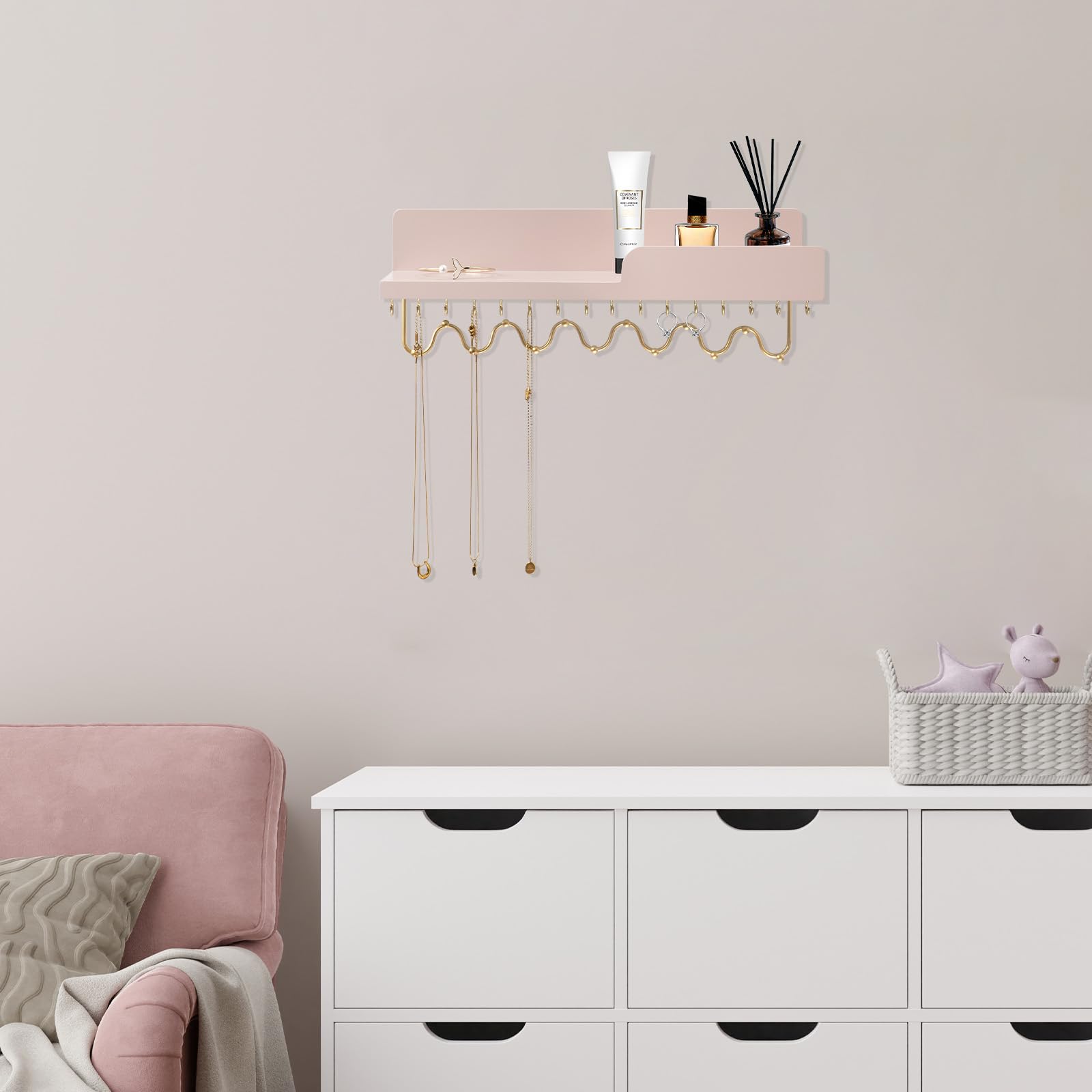 Organisateur De Bijoux Mural Suspendu En Bois Blanc – 25 Crochets + Étagère Cosmétique, Design Moderne & Élégant