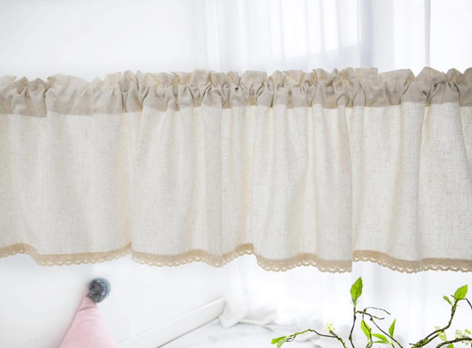 A.Monamour Tenda Corta Per Piccole Finestre in Lino Cotone Beige Con Pizzo Uncinetto - Mantovana Opaca Mezza Per Cucina, Bistrot, Caffè, Porta, Camera Da Letto, Finestra A Vetro