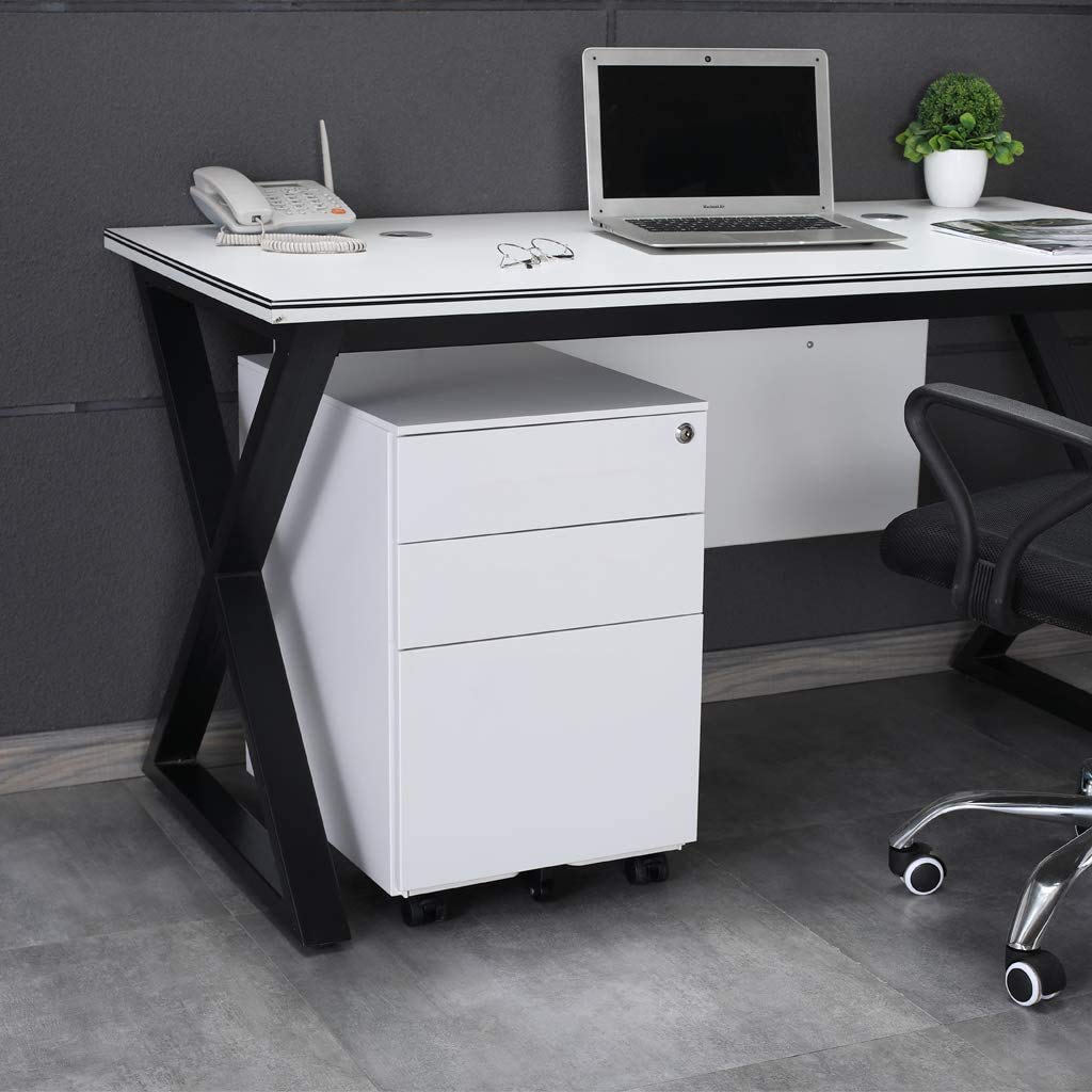 Aktenschränke,Schrankkorpus Vormontiert, Rollcontainer Büro-Rollcontainer mit Anti-umkippen-mechanismus, Bürocontainer mit 3 Schublade für A4, 50cm L x 39cm B x 60cm H, LWB020 (Weiß)