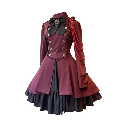 Women Girls Gothic Lolita Dress Long Sleeve Multi Layers Classic Steampunk Dress Vintage Cosplay Renaissance Costumes - Red - X-Large