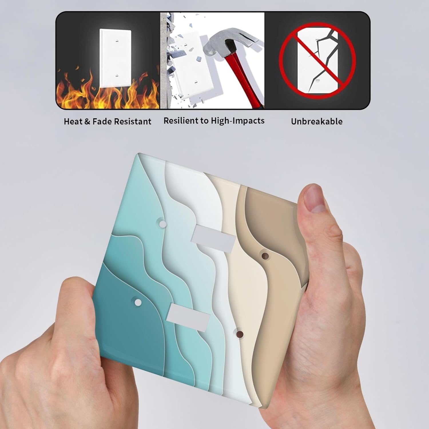 Turquoise Teal Modern Abstract Decorative Light Switch Cover 2 Gang Double Toggle Beach Waves Wall Plate Geometric Switchpalte Electrical Faceplate for Bathroom Kitchen Home 4.5"x4.5"