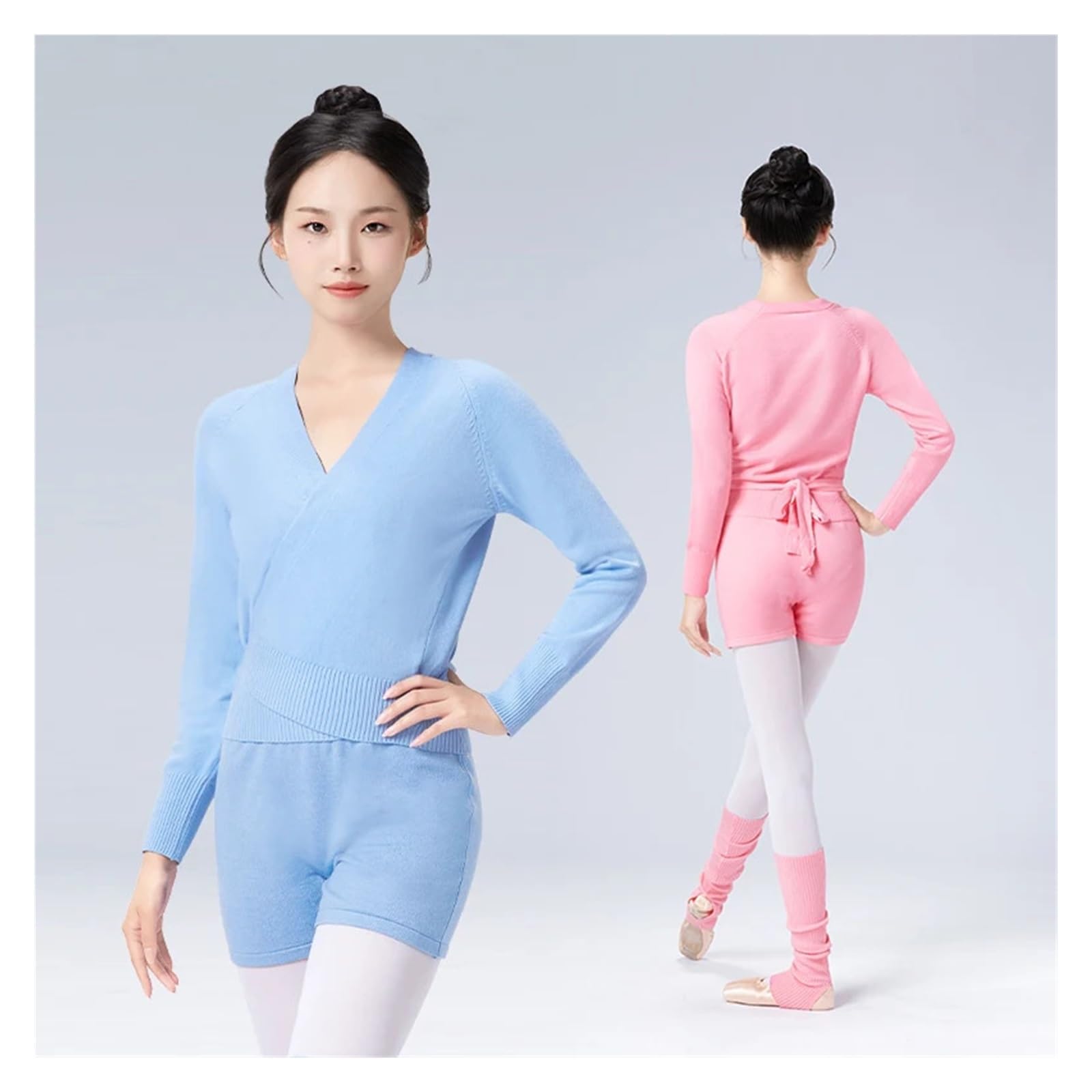 Frauen Ballett Pullover Dance Crop Tops Erwachsene Aufwärmen Ballett Top Teen Spitze-up Mantel Lange-Sleeve Strickjacke warme Jacke Thermo Pullover(Blue Tops and Pants,M(160-165cm))