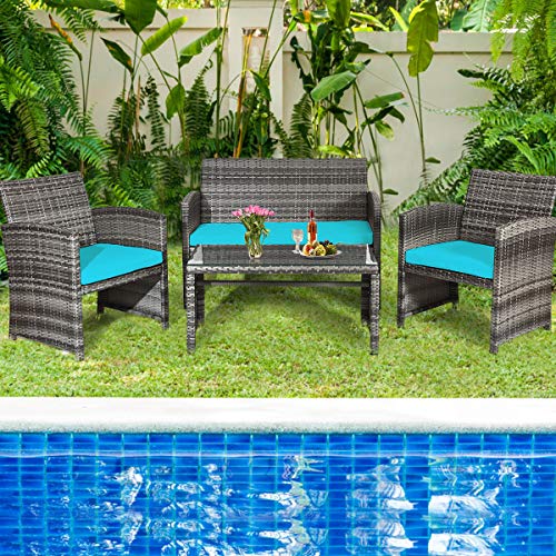image for Tangkula 4 PCS Wicker Patio Conversation Set, Outdoor Rattan Sofas wit