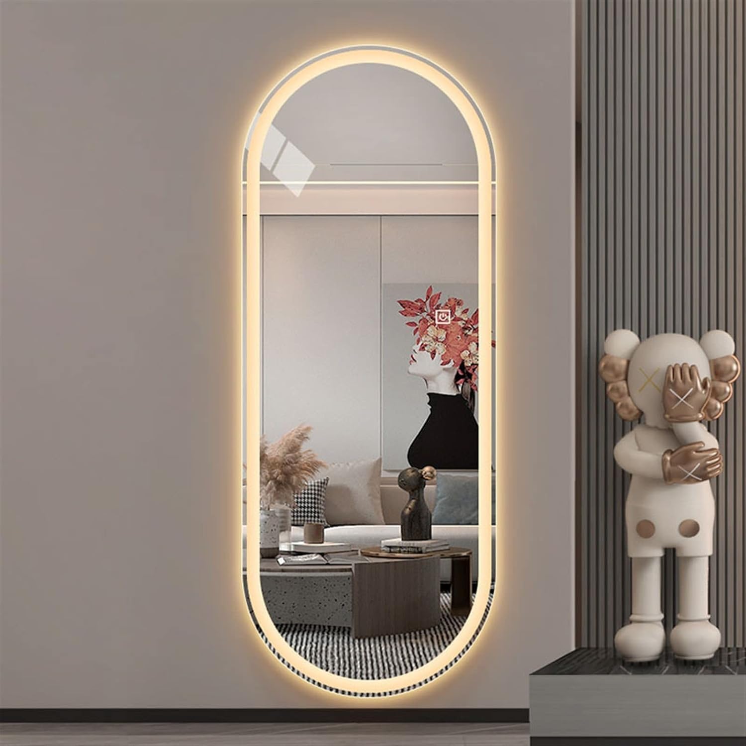 Oval Full Length Mirror with Lights,160 * 60cm Lighted Wall Mirror, Full Body Mirror, Wall-Mounted Mirror, Face light Dimming & 3 Color Lighting for Bedroom,, nhmr-41