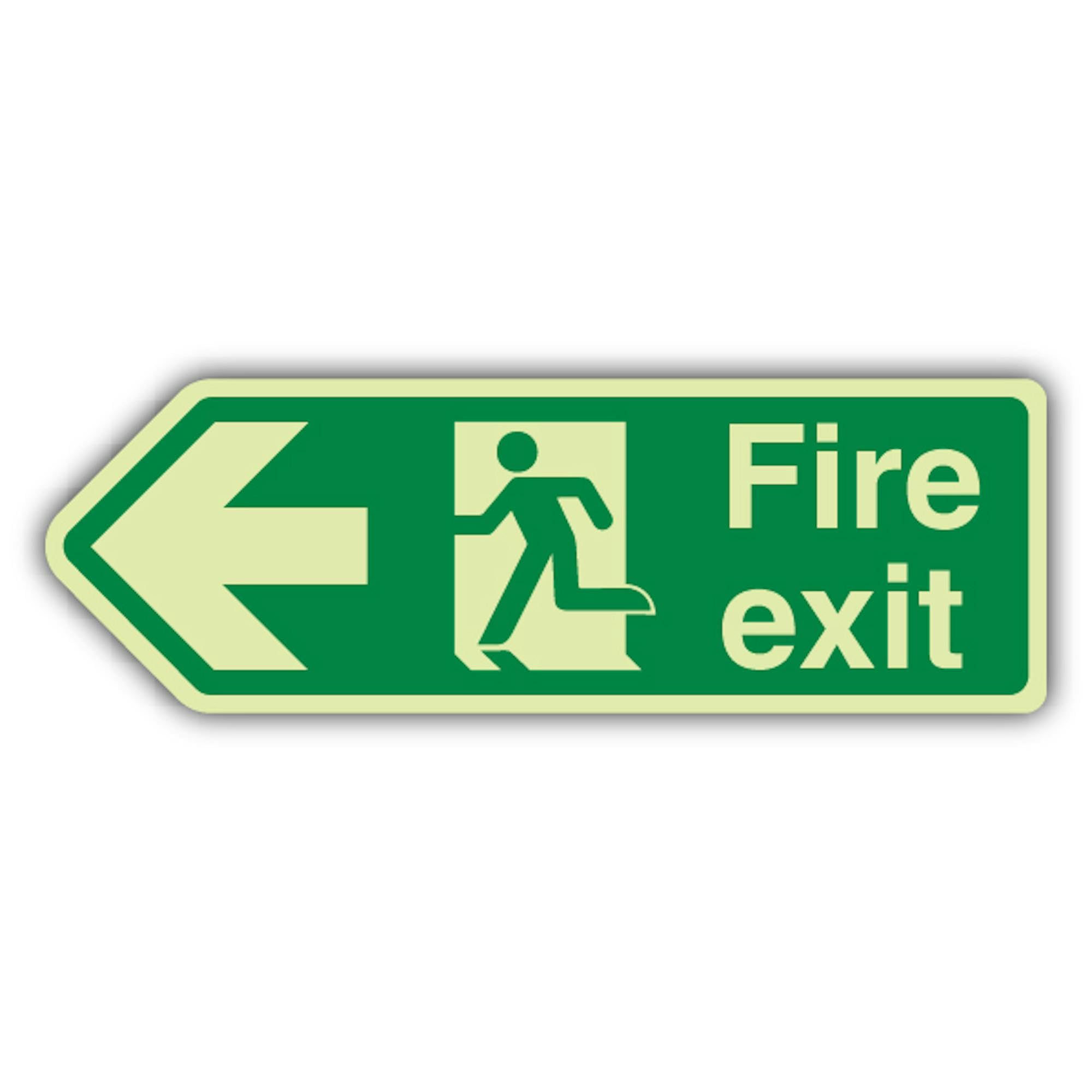 V Safety - Señal de flecha de salida de incendios que brilla en la oscuridad, 750 x 250 mm, vinilo autoadhesivo de triple brillo, señalización de seguridad contra incendios, fabricado en Gran Bretaña