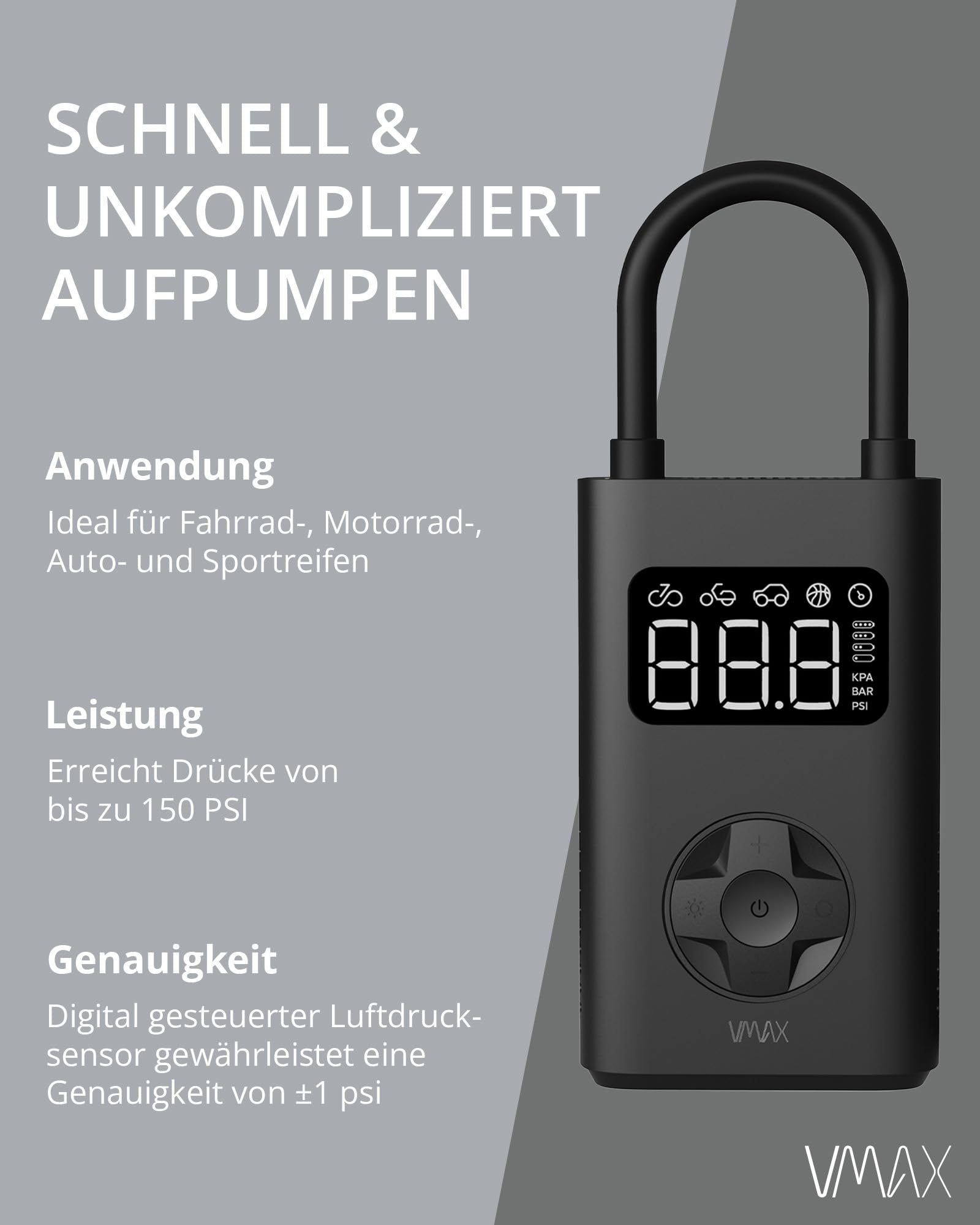 VMAX Elektrische Luftpumpe Tragbarer Mini Luft Kompressor | Für E-Scooter, Fahrrad, Auto, 150 PSI, Wiederaufladbarer 2x2500 mAh Akku, Autostop-Funktion