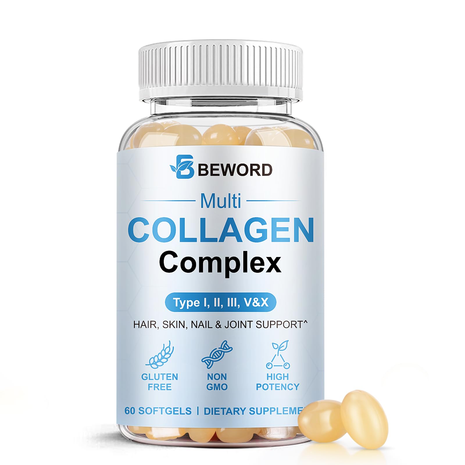 Multi Collagen Softgels for Women Men 60 Capsules - Type I II III V X Hydrolyzed Collagen w