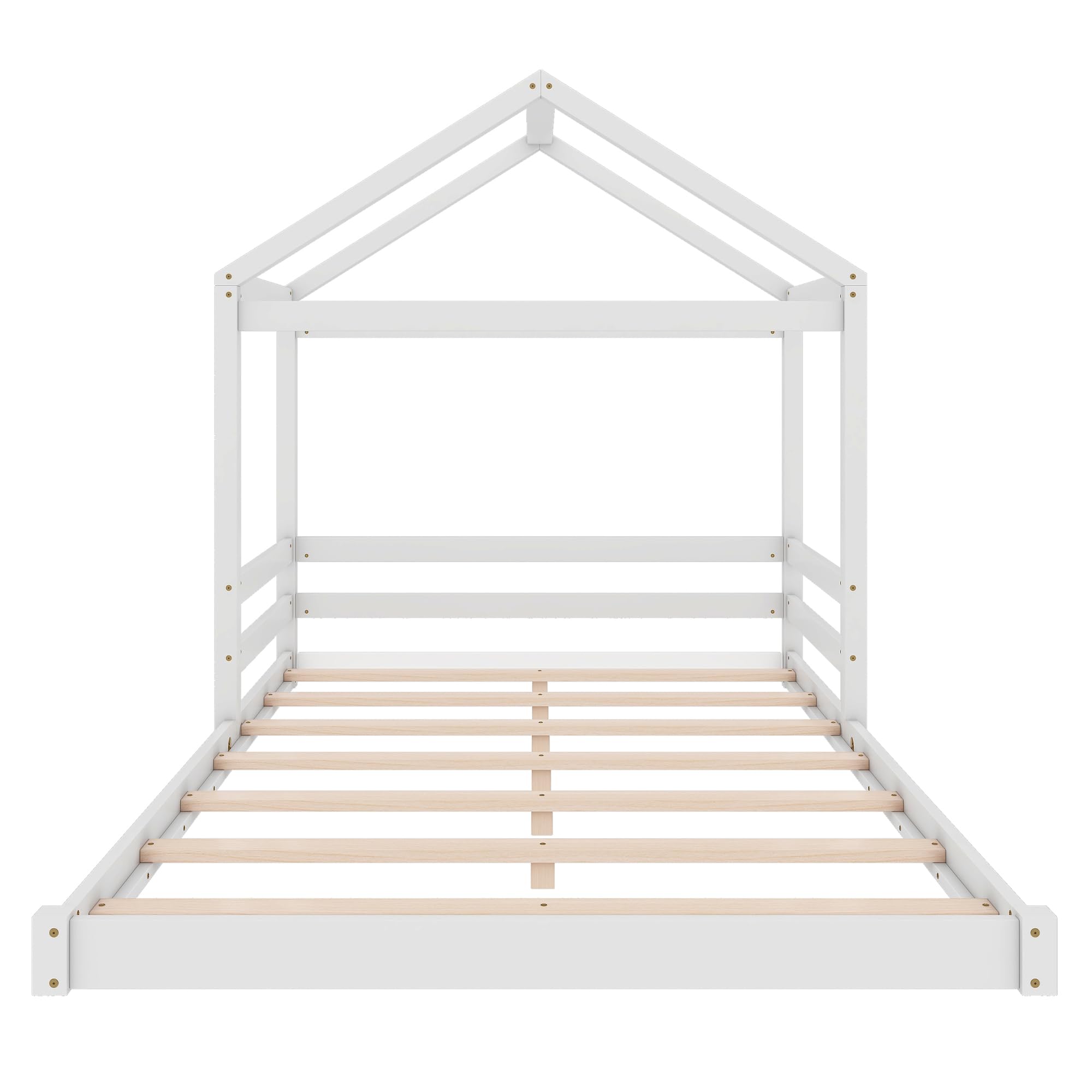 Kinderbett Bodenbett Doppelbett 140x200 cm, Bett Hausbett mit Haus Dach&Lattenrost, Holzbett Bettgestell Jugendbett Flachbett Bettrahmen für Kinder Jungen & Mädchen, Kiefernholz, Ohne Matratze, Weiß