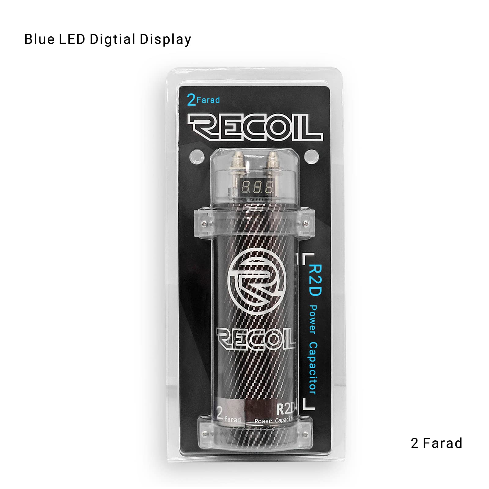 RECOIL R2D Condensador de 2.0 Faradios para Amplificador de Coche – Voltímetro Digital Azul, Almacenamiento de Energía para Sistemas de hasta 1200W