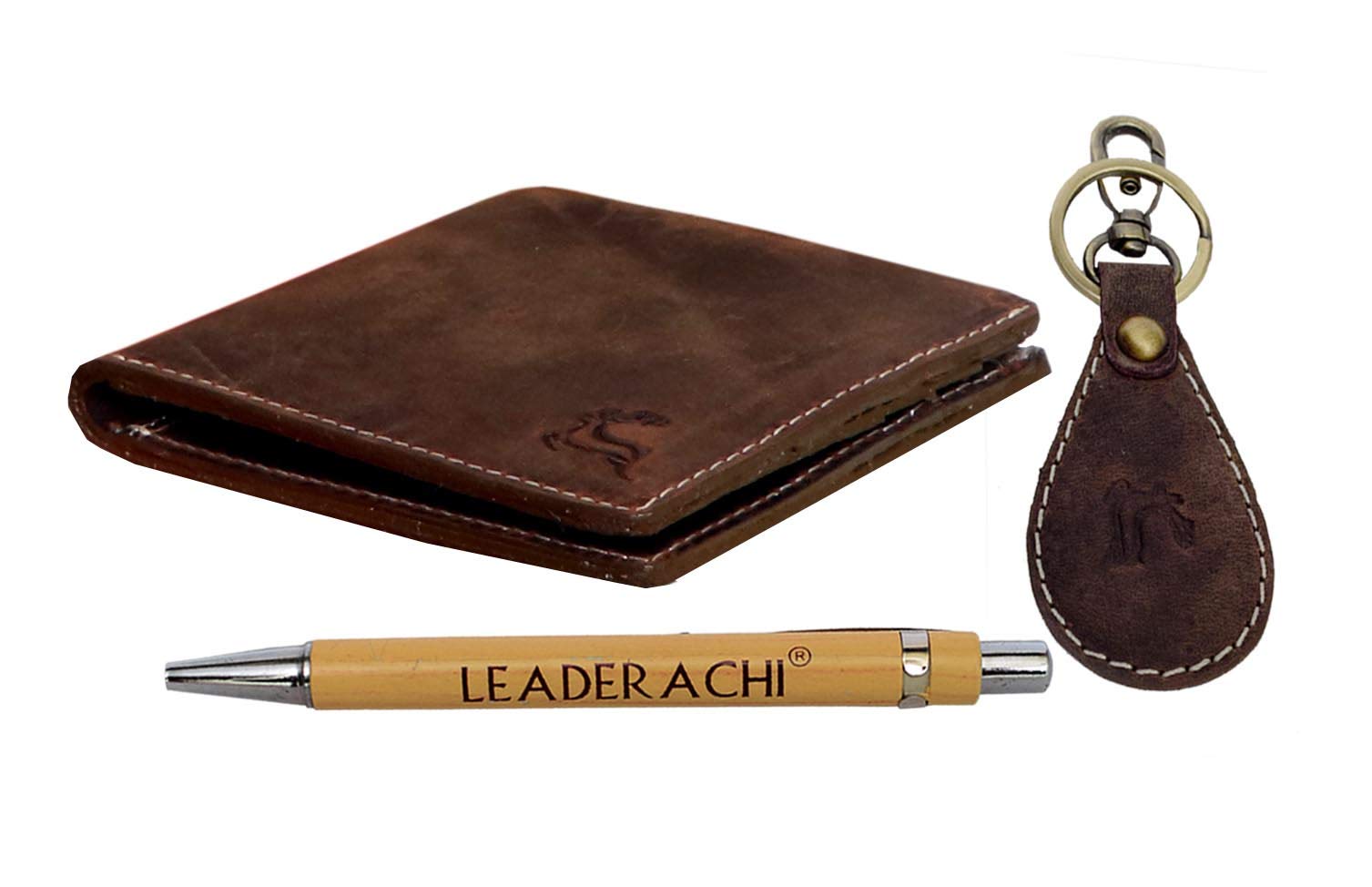 LEADERACHIGenuine Vintage Hunter Leather RFID Blocking Bi fold Wallet with Designer Leather Key Ring & Wooden Pen Combo Gift Box for Mens.(WKP-7)