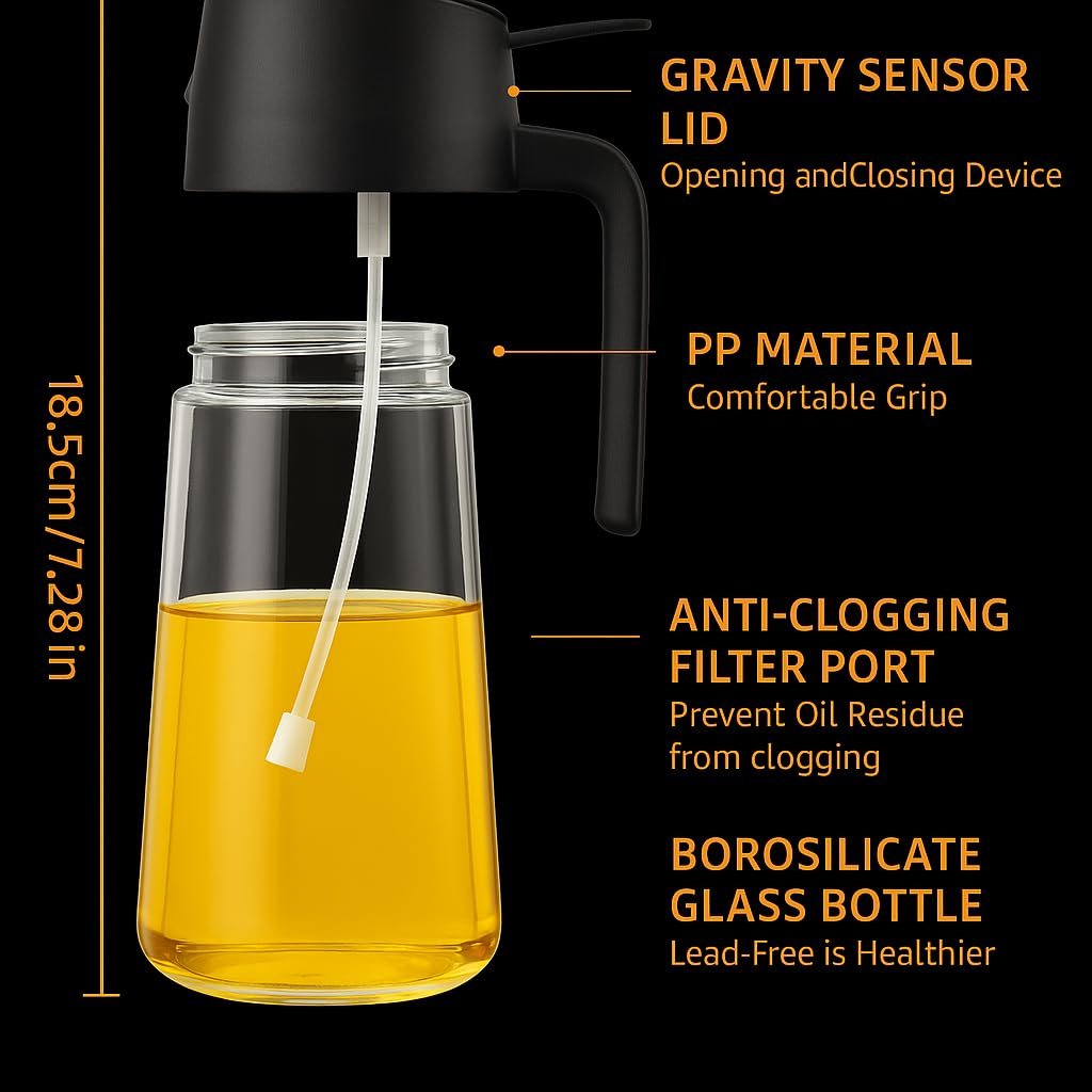 SAHAL EDGE MART 2025 New 2-in-1 Olive Oil & Vinegar Sprayer & Dispenser - 16oz Glass Bottle with Adjustable Nozzle | Refillable Non-Drip Spray Bottles for Cooking, BBQ, Salad & Air Fryer - Black