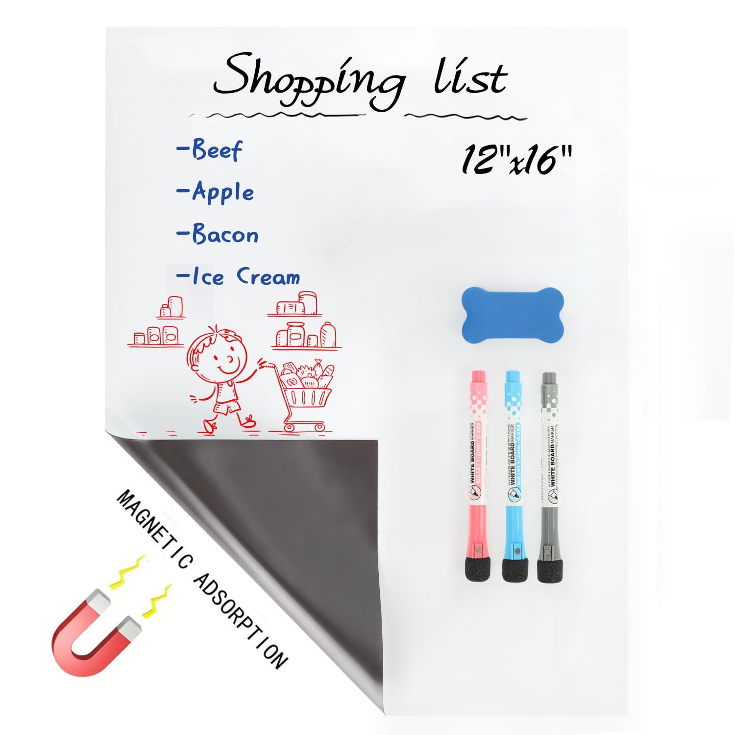 OWill A3 Magnetic Whiteboard Sheet for Fridge - 42x30cm Dry Erase White Board Planner for Kitchen & Office - Stain Resistant Surface, Strong Magnet Backing - Includes 3 Markers & Eraser