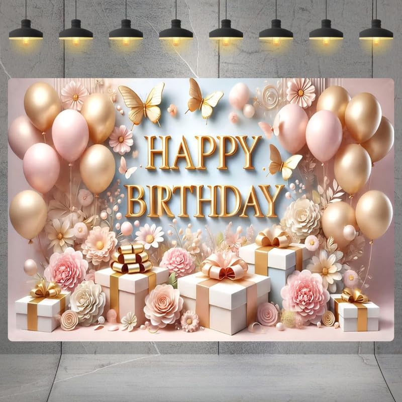 Image of Light Pink Elegant Birthday Backdrop - Floral Rose Gold Theme with Balloons & Gift Boxes for Birthday Decoration & Photoshoot (Pack of 1)