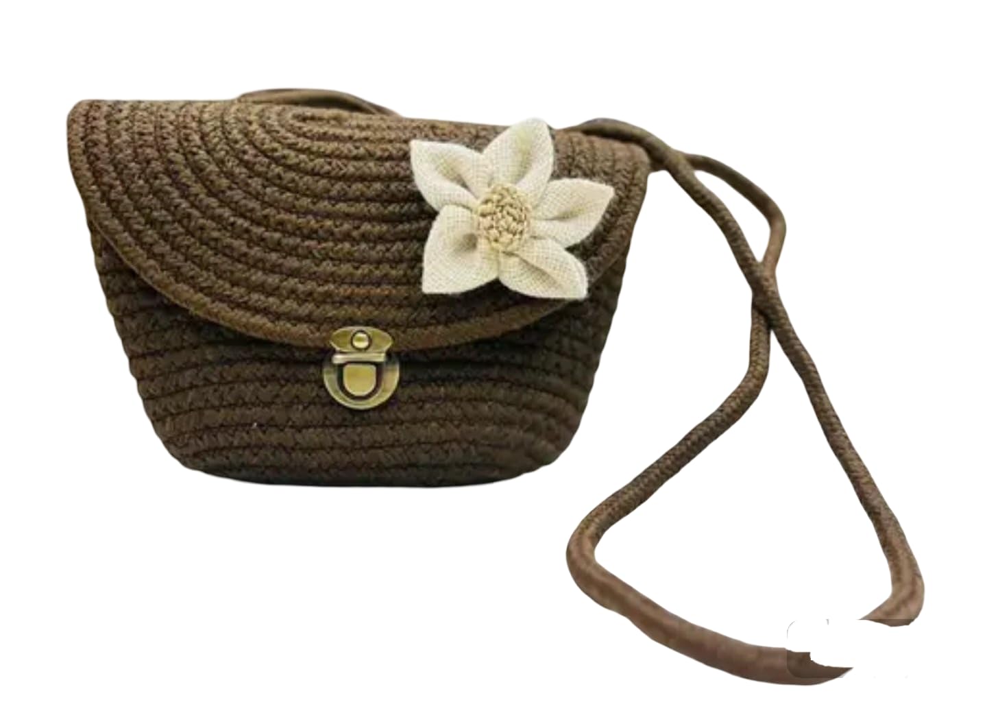 Borsa a tracolla in paglia intrecciata a mano con accento floreale bianco, marrone, chiusura con serratura in ottone