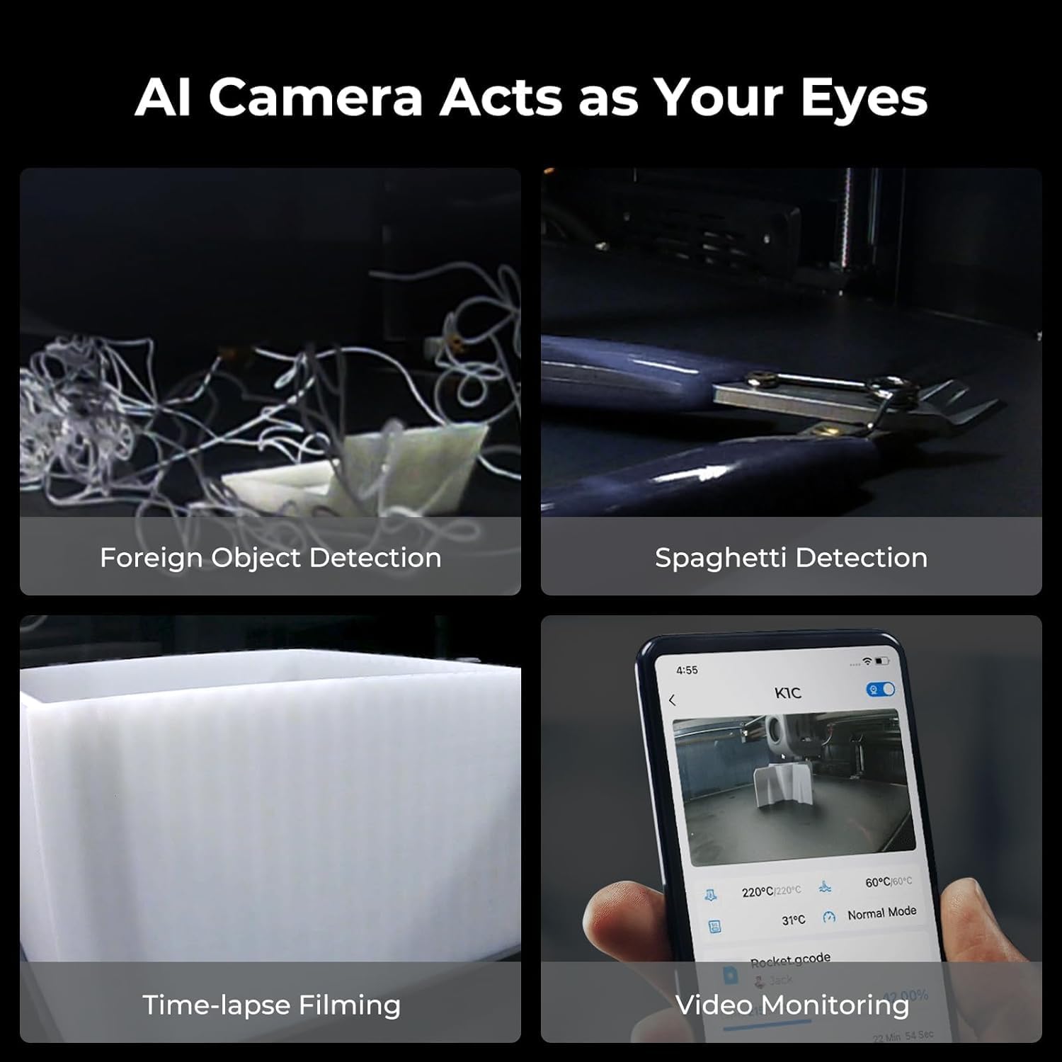 Creality K1C - Stampante 3D, 2024, 600 mm/s, senza intasamento, aggiornamento K1, con fotocamera AI, stampa a 300 °C, supporto di filamento in fibra di carbonio, per principianti