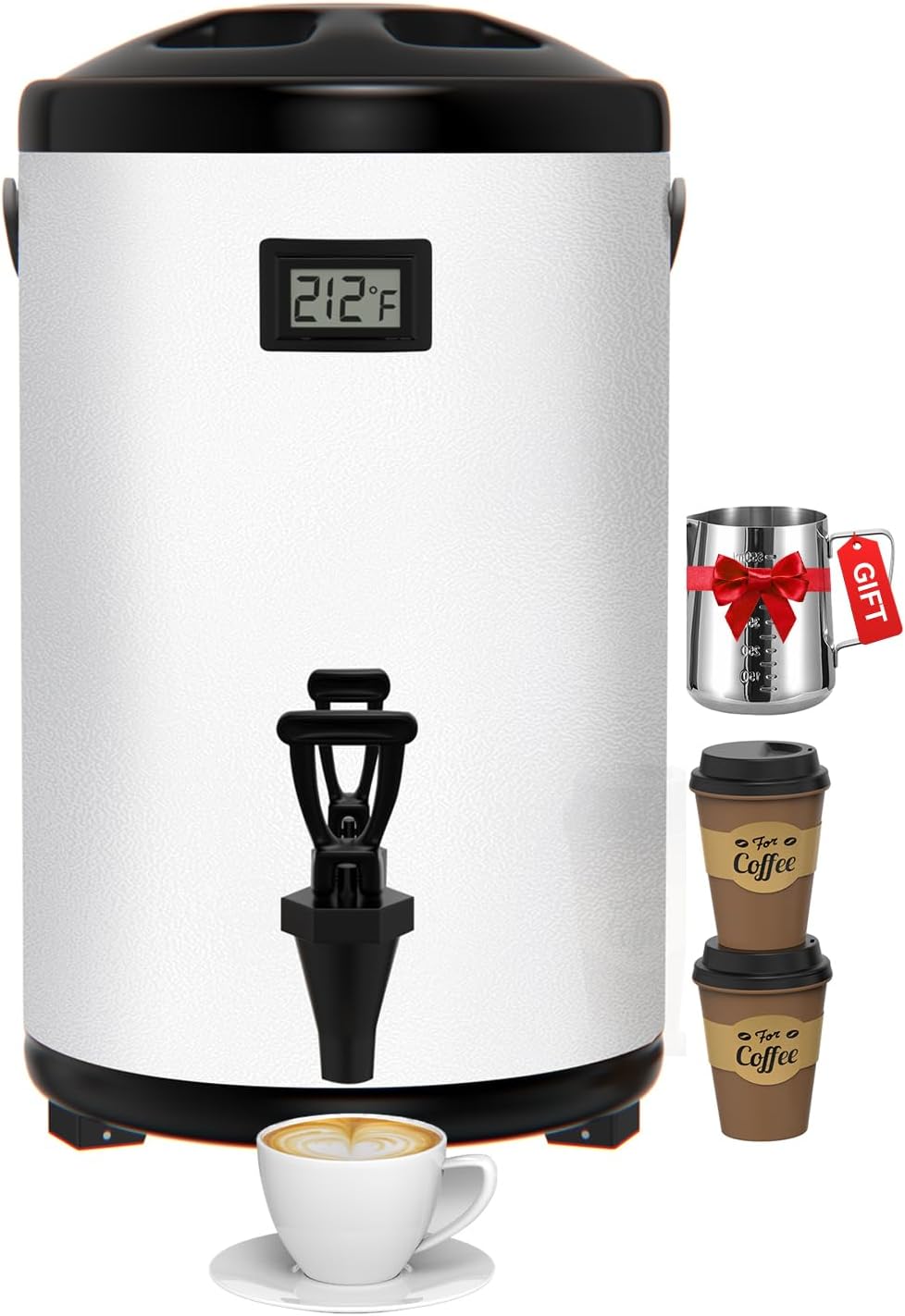 Insulated Beverage Dispenser 3.2 Gallon - Thermal Hot Beverage Dispenser, Hot and Cold Drink Dispenser with Spigot for Hot Water Coffee Chocolate Tea Cold Milk Cocoa, White (Non-electric, N2