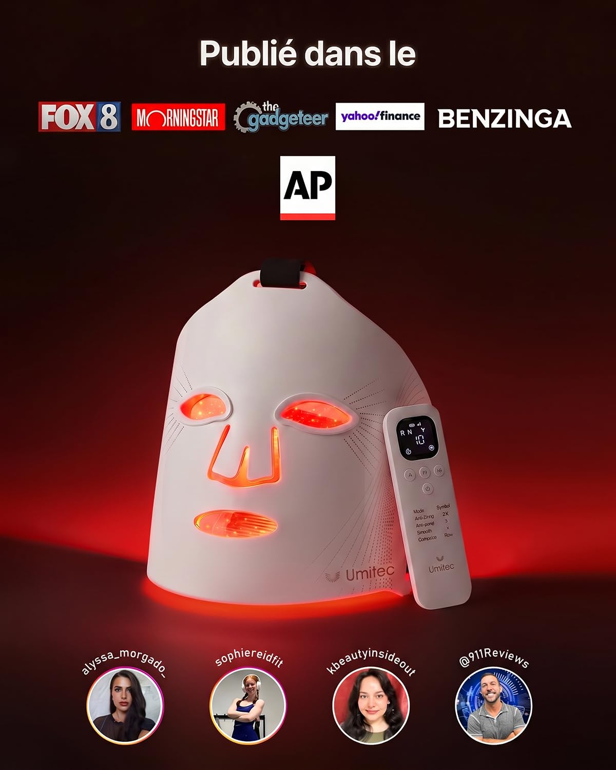 ZoneCraft Masque LED Série 3, Masque LED Visage Luminothérapie, 4 modes, 10 minutes, 4000 mAh, Sac de Rangement, Coussinets pour les Yeux, cadeau pour - (Blanc)