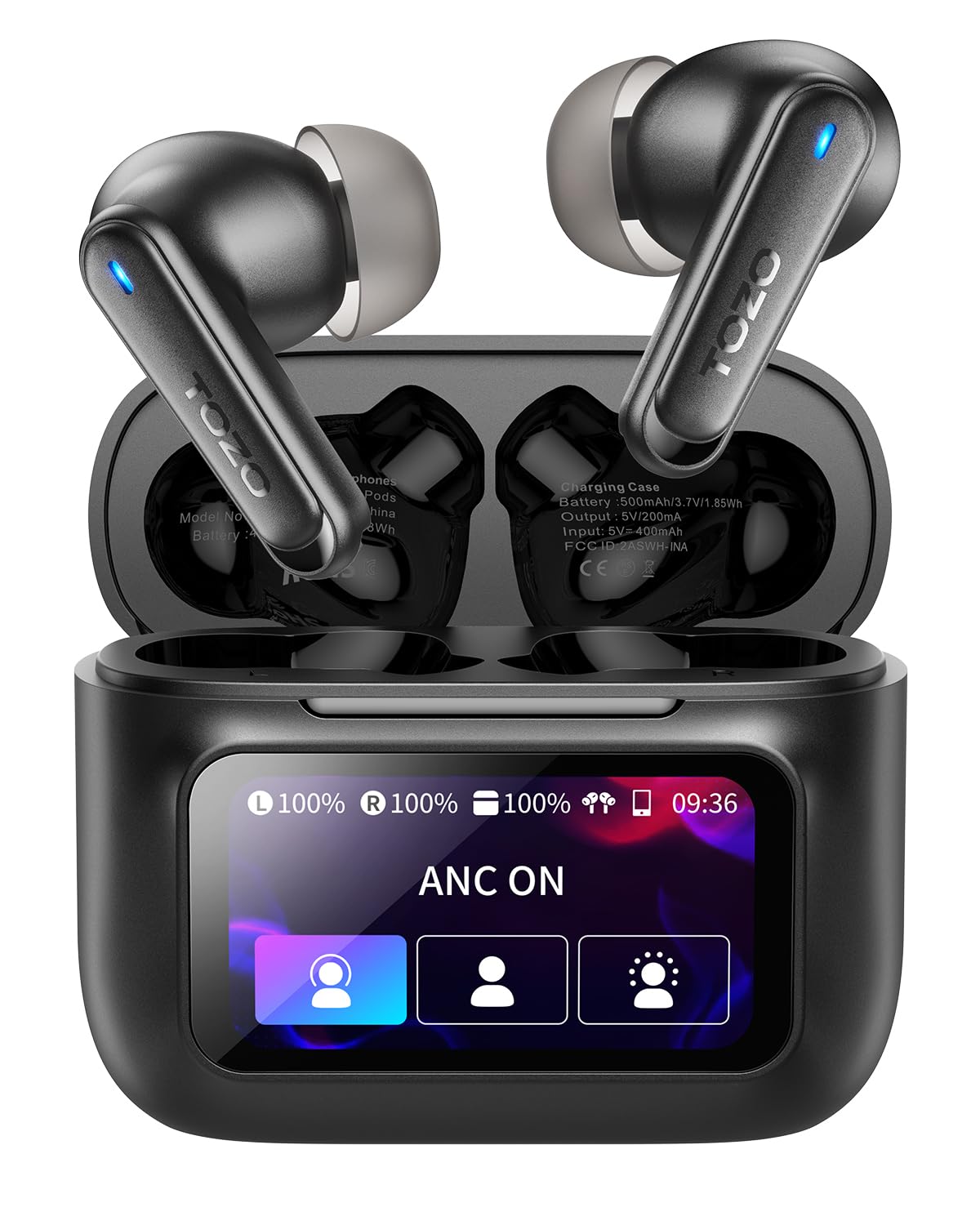 TOZO Auricolari ibridi con cancellazione attiva del rumore con touch screen intelligente, riproduzione MP3 locale, auricolari wireless ANC da 38 dB, 4 Mic ENC, bassi profondi, 38H, IPX8, auricolari