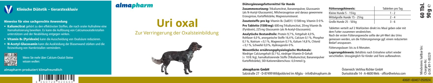 almapharm Uri oxal | 60 tabletek | dieta uzupełniająca karma dla psów w celu zmniejszenia tworzenia się kamienia szczawianowego | może pomóc w pobudzeniu moczu