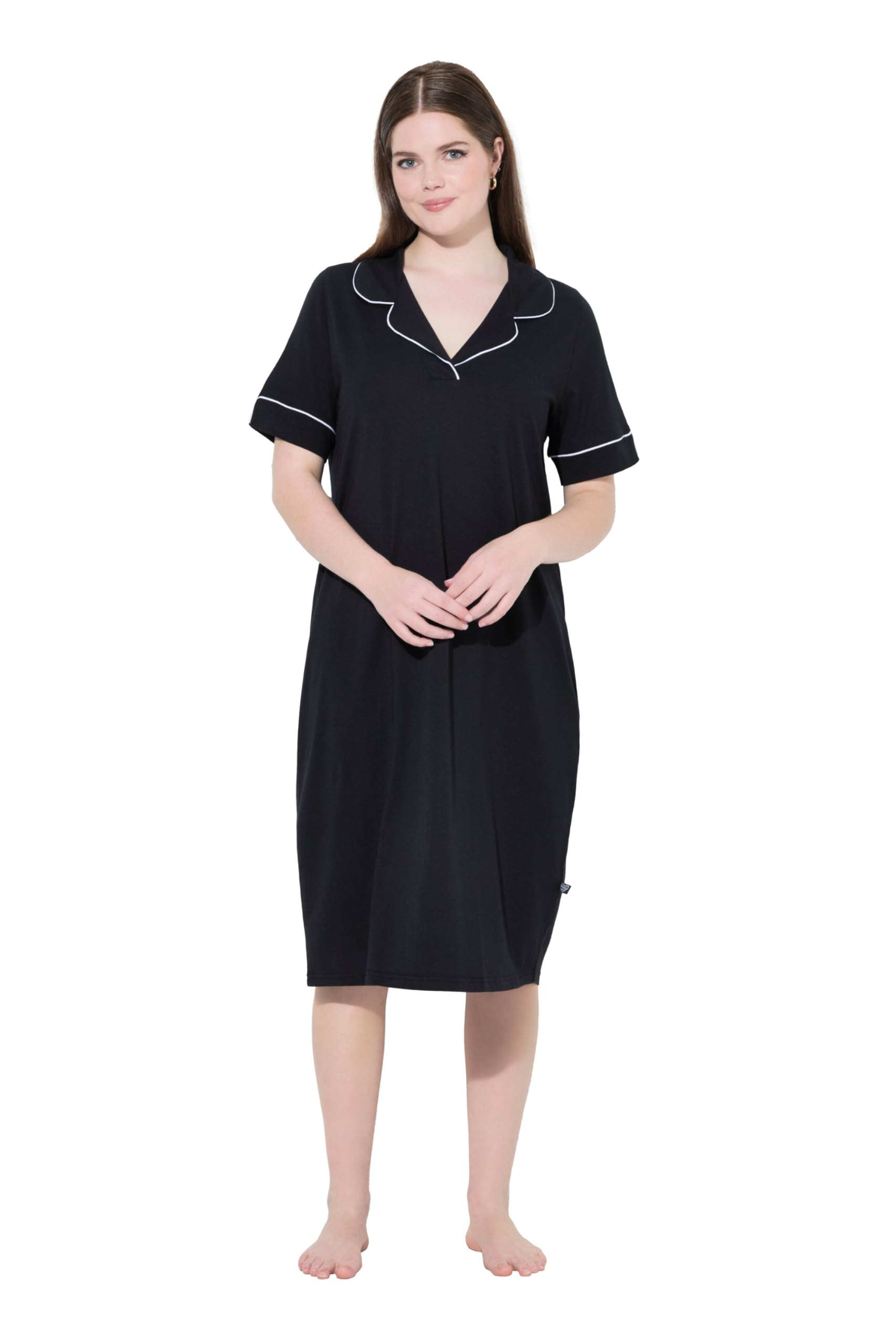Ulla Popken Damen große Größen Übergrößen Plus Size Nachthemd, Zierpaspeln, Reverskragen, Halbarm 835400