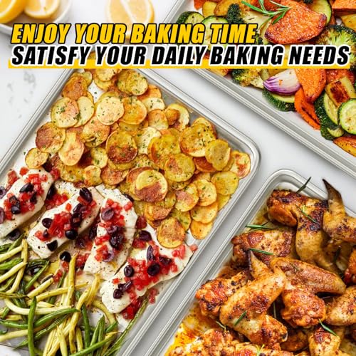Image of Baking Sheet Pan Set of 3, Commercial Quality Aluminum Cookie Sheets for Oven, Umite Chef Warp Resistant Baker's Half /Quarter /Jelly Roll Pans, Thick Cookie Tray Pans for Baking, Roasting