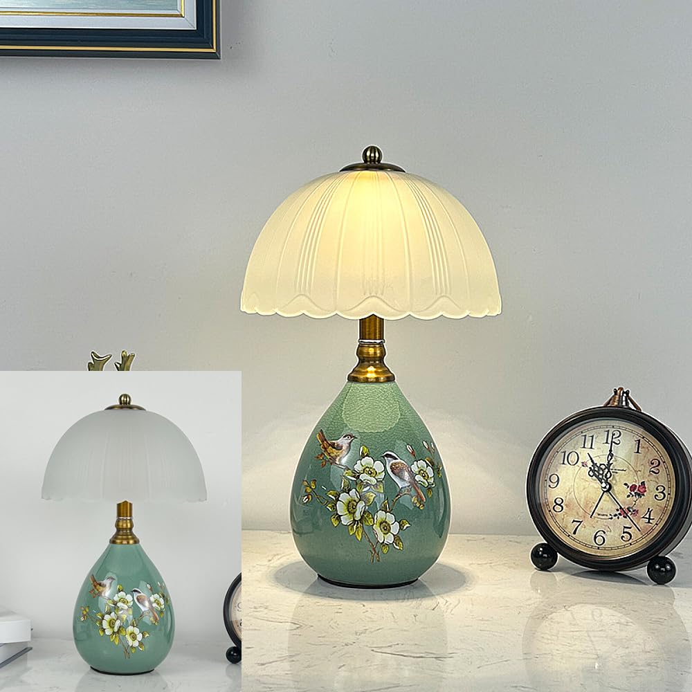 XINYASEE Lampe de chevet - Lampe de table en céramique, design en forme de goutte d'eau, décorée de motifs floraux et d'oiseaux, douille E27, trois couleurs de lumière, dimensions : 20 * 33 cm (Vert)