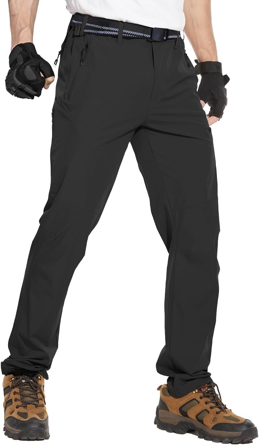 NOUKOW Men's Hiking Pants Quick-Dry Water Resistance Lightweight Stretch Outdoor Pants with 5 Zip Pockets and Belt