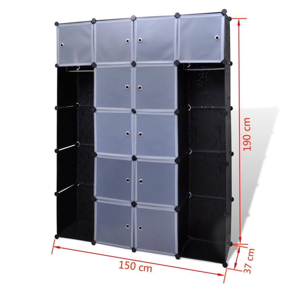 ZEYUAN Armario Modular 14 Compartimentos Negro y Blanco 37x146x180,5cm, Armario Ropero, Estanteria Modular, Estanteria Cubos, Armario Estanteria, Estanterías Almacenamiento