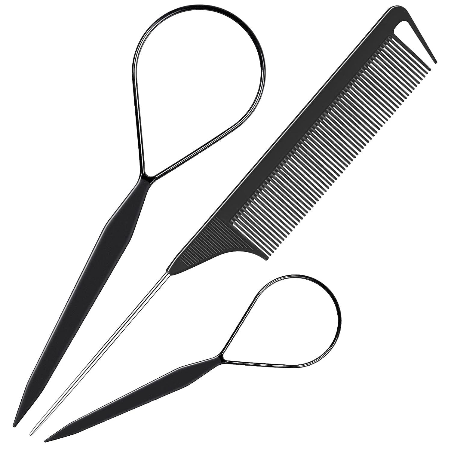 3Pack Hair Tail Tools Set with 2Pcs French Braid Tool Loop 1Pcs Rat Tail Comb Metal Pin Tail Braiding Comb (Black)