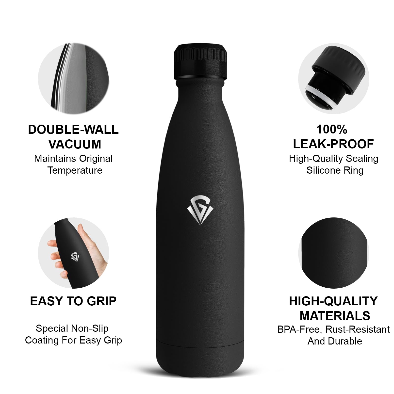 Botella Agua Acero Inoxidable, 500ml Botella Termica, sin BPA, Cantimplora Infantil, A Prueba de Fugas, Termo Cafe, Mantiene 24H Frio/12H Calor, Aislamiento al Vacío, para Agua, Café, Té