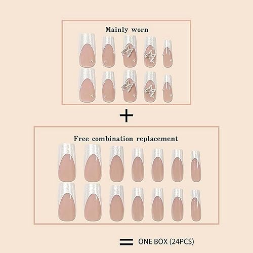 Miniatura 2 de Uñas postizas a presión con punta francesa fluorescencia blanca, uñas postizas largas cuadradas, de cobertura completa, color nude con dije de