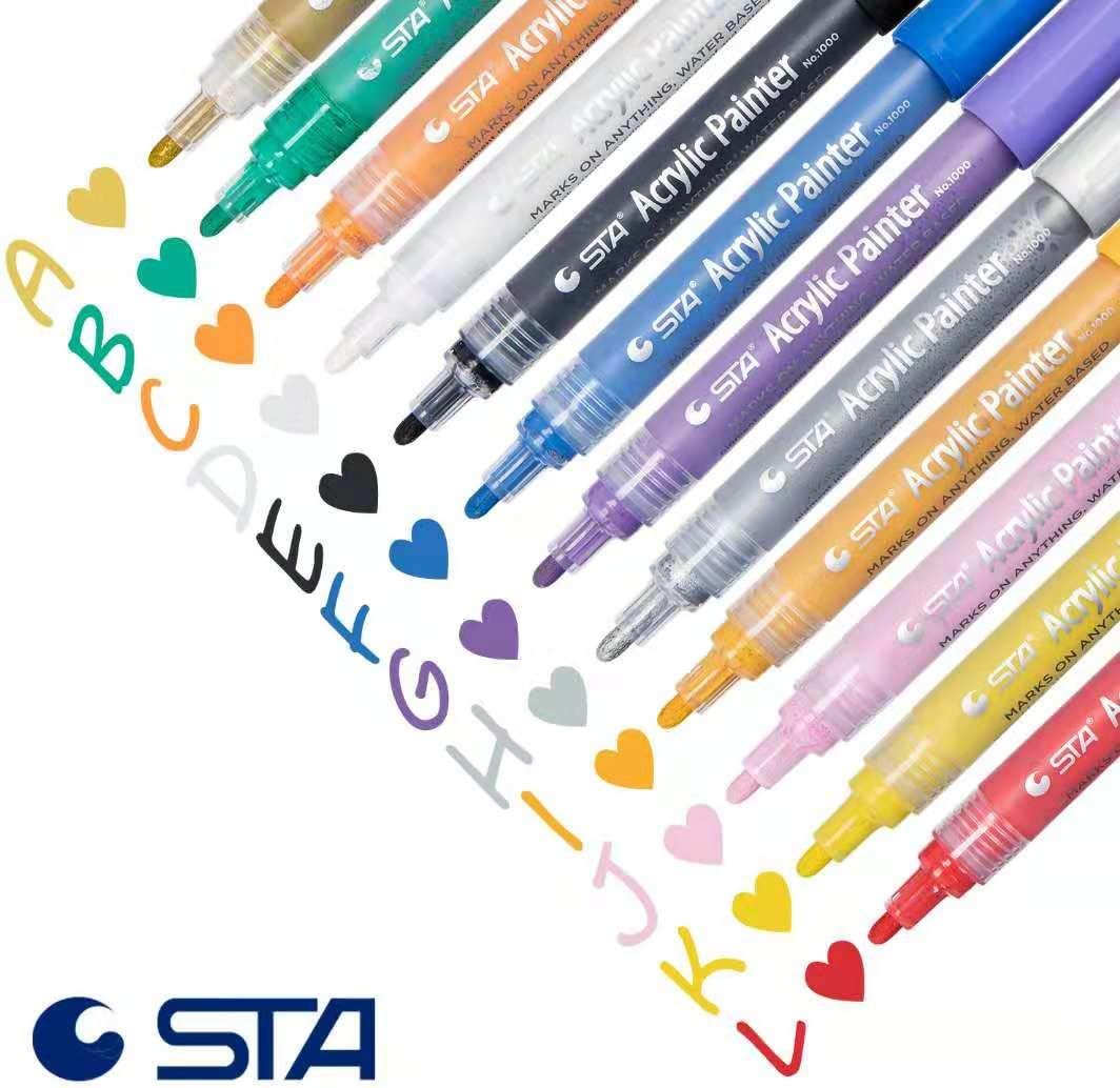 STA Acrylic Paint Pens Marker Pens for Rock Painting, Glass, Porcelain, Mug, Wood, Fabric, Canvas, DIY Craft Projects with Extra-fine Medium-Tip (12 Colors)