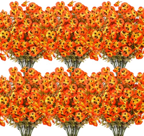 Besteek 16 Bundles Artificial Fall Flowers for Outdoors Decoration, Fake Pansy Flowers UV Resistant Silk Faux Pansies Autumn Plants for Garden Window Box Patio Planter Porch Home Decor, Orange