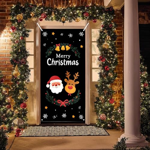 Image of BlissYard Christmas Door Cover Santa Reindeer Black 35x71 Inch Polyester