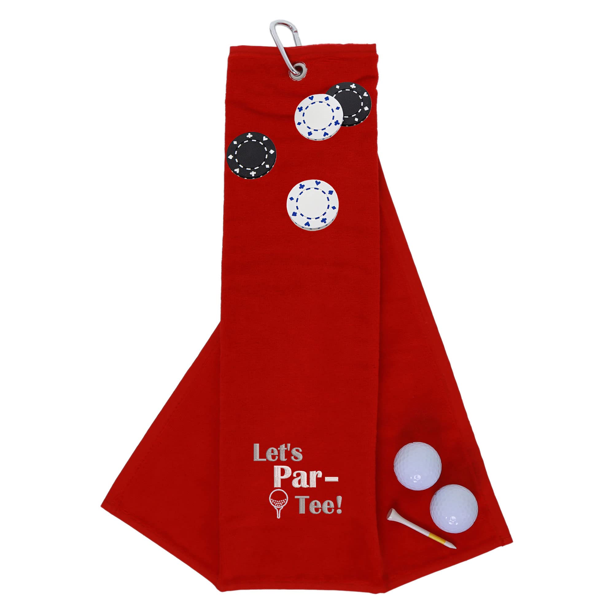 aztex Funny Trifold Golf Towel and Poker Chip Marker Set Gift for Men, Carabiner Clip for Golf Bags, Let's Par-Tee, Red
