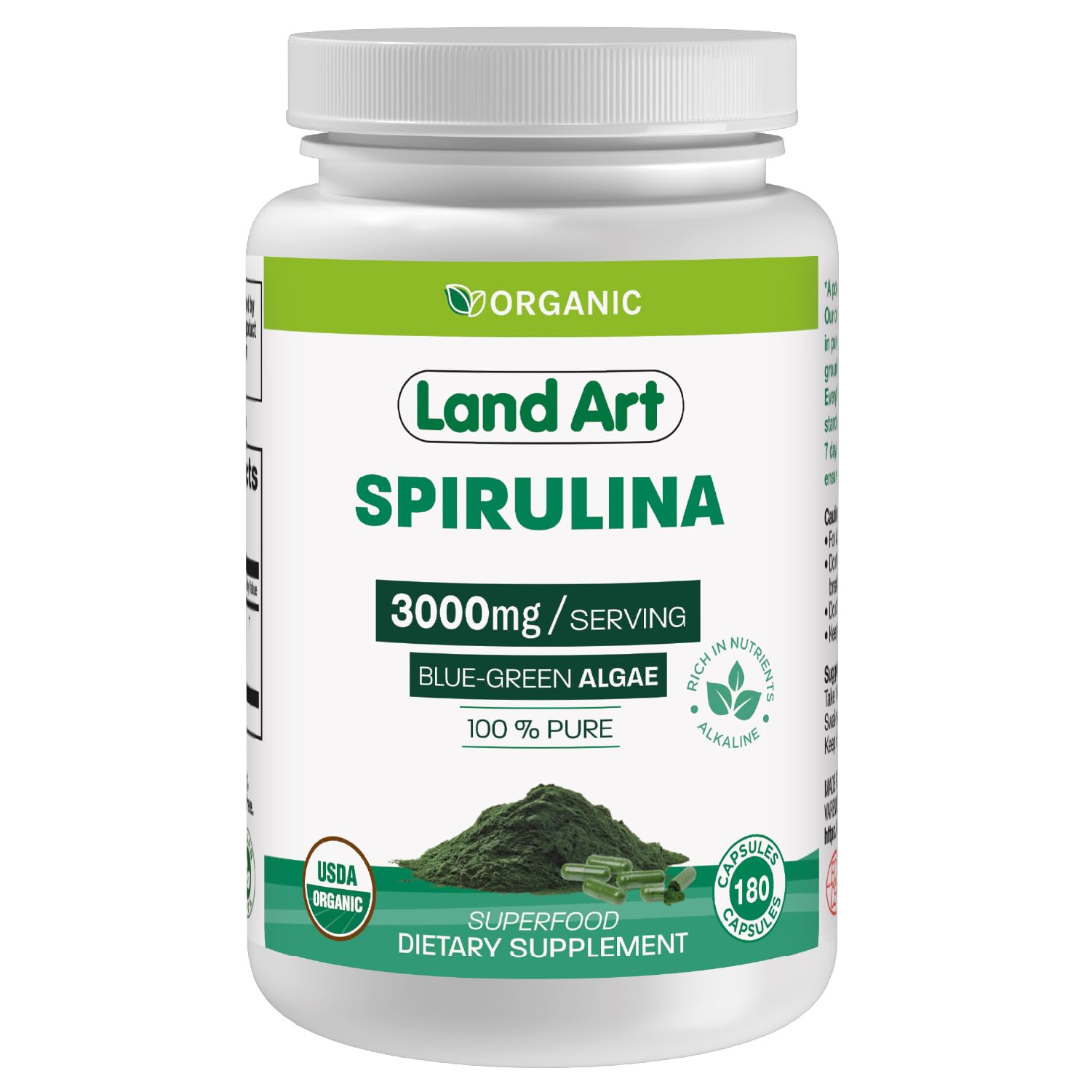 Land Art Certified Organic Spirulina - 180 Capsules - Superfood- Rich in Minerals, Vitamins and proteins - VeganUSDA Organic