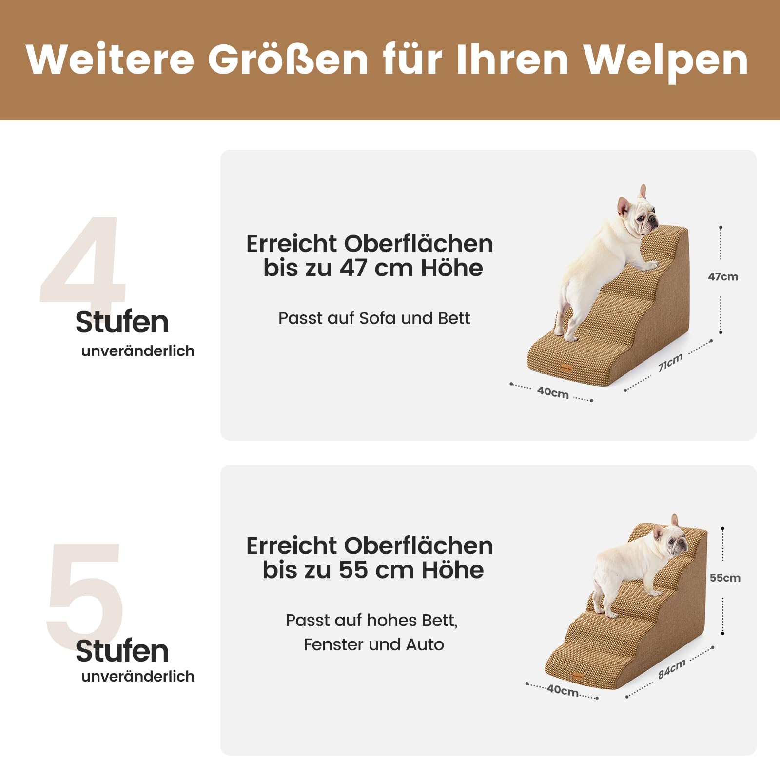 Gardner Pet Hundetreppe 5 Stufen, Waschbarer Hundetreppe 55cm Hoch, rutschfeste Haustiertreppe für Kleine Hunde, Tragbar Hunderampe Katzentreppe aus hochdichtem Schaumstoff für Sofa Bett