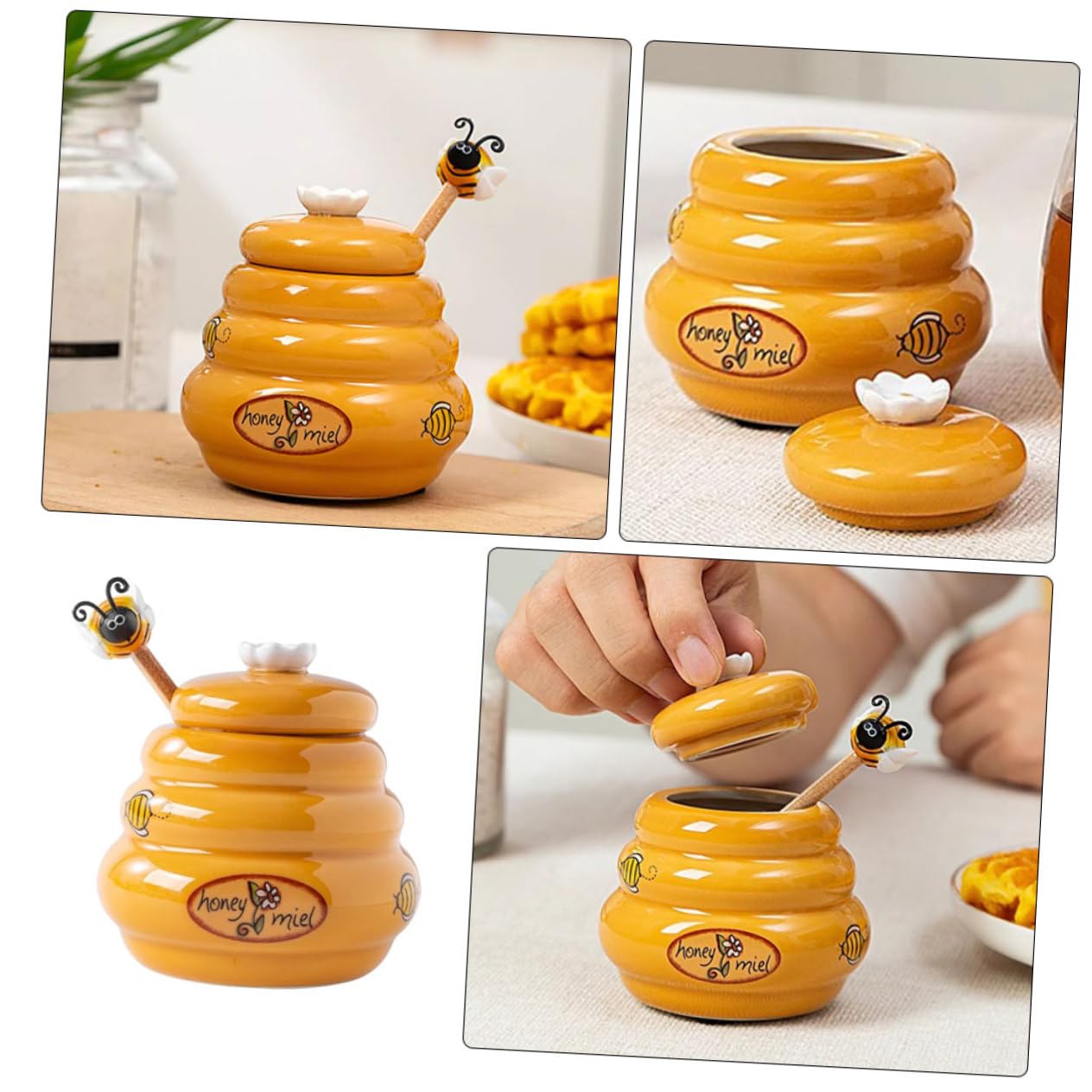 Amosfun Lot De 5 Récipients Avec Louche En Bois Et Céramique Avec Couvercle Distributeur De Sirop Multi-usages Pour