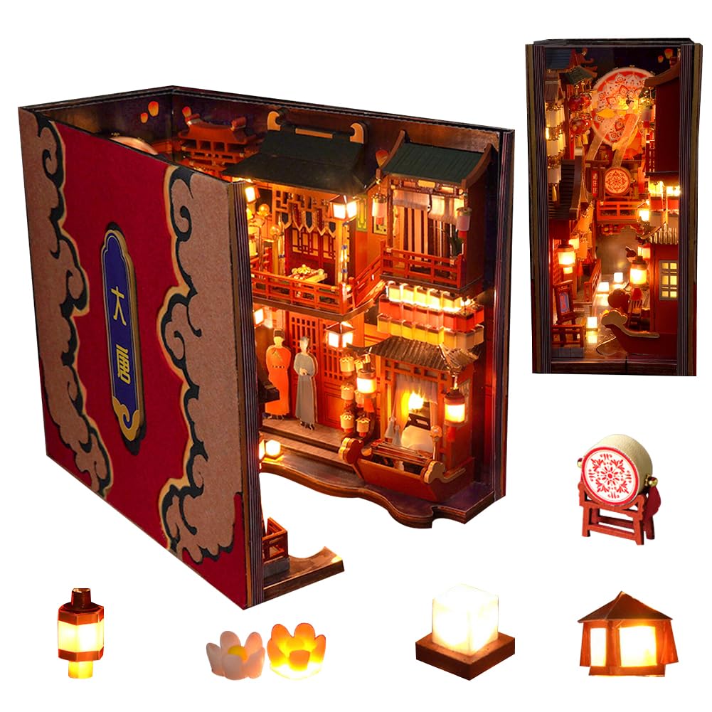 Cjeuxnr Chinese Style Book Nook Kits for Adults 3D Wooden Puzzle Bookend Bookshelf Decor Insert Alley DIY Miniature Booknook Model Craft Kits for